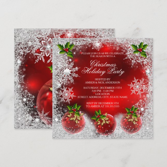 Julröd Holly-bule Julfest Snöflinga Inbjudningar (Fram/baksida)