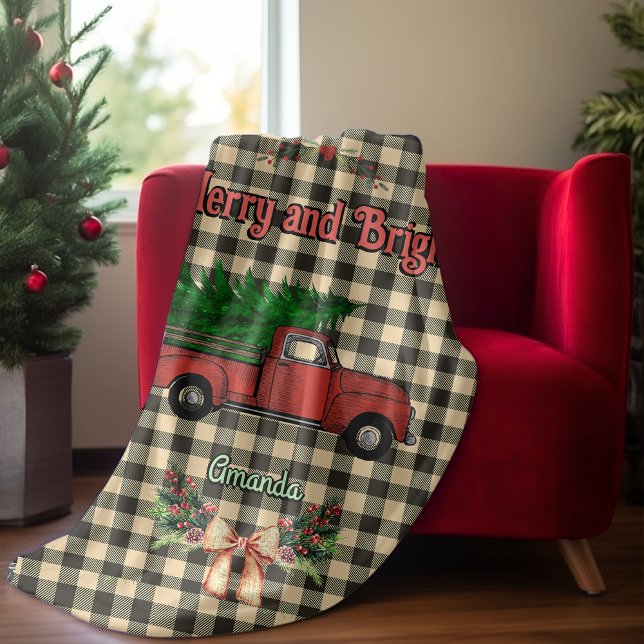 Julröd lastbil grått baffalo plaid monogram fleecefilt (Skapare uppladdad)