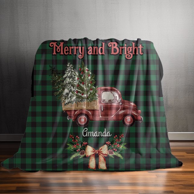 Julröd lastbil grönt baffalo plaid monogram fleecefilt (Skapare uppladdad)