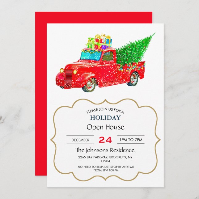 Julröd lastbil med Julgran och gåva Inbjudningar (Fram/baksida)