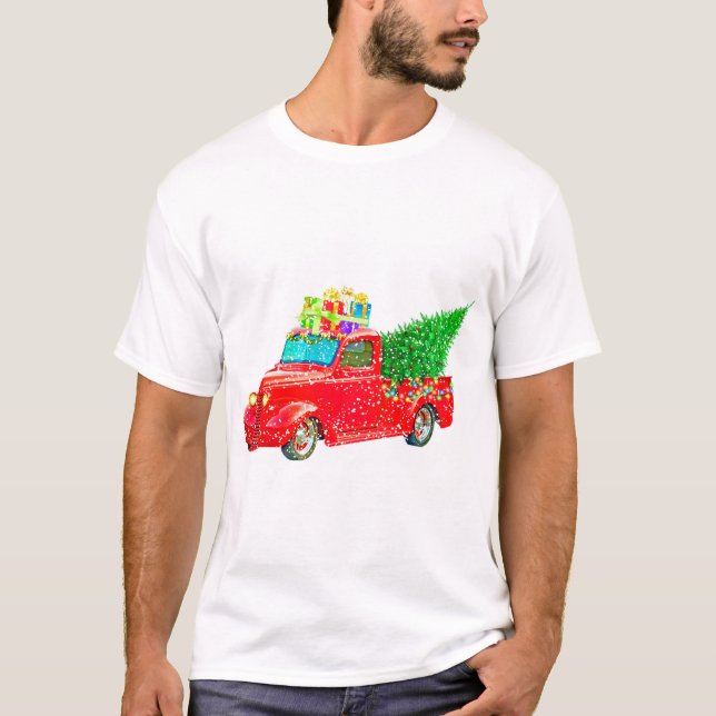 Julröd lastbil med Julgran och gåva T Shirt (Framsida)
