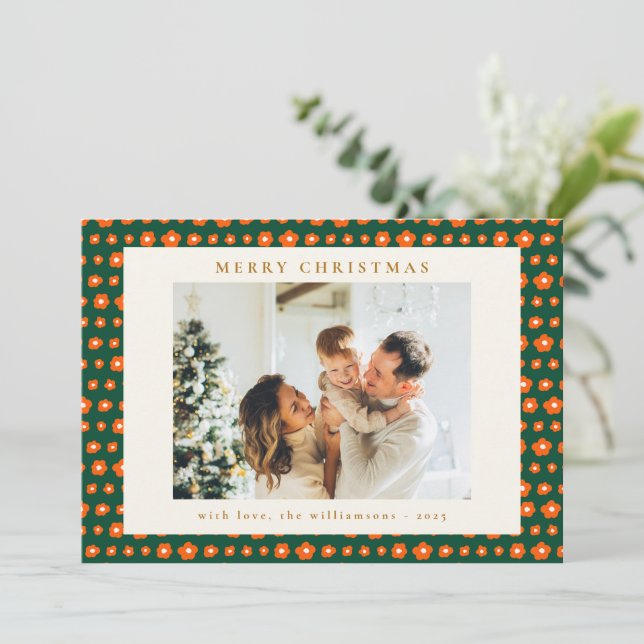 Julröd och grön Boho blommor två foto  Julkort (Stående Fram)