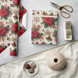 Julröd Poinsettia Guld Snöflinga Glansig Presentpapper
