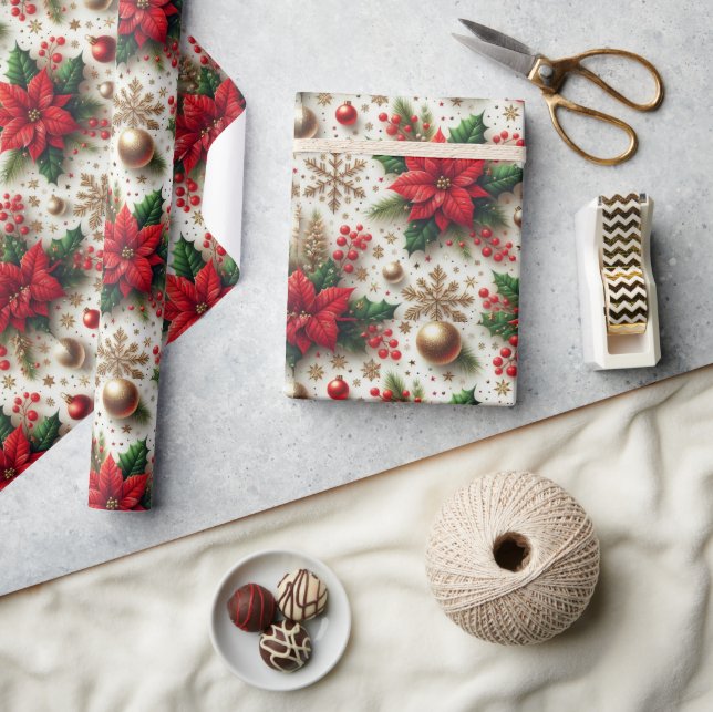 Julröd Poinsettia Guld Snöflinga Glansig Presentpapper (Hantverk)
