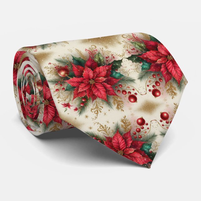 Julröd Poinsettia med Guld Herrhalsduk Slips (Rullad)