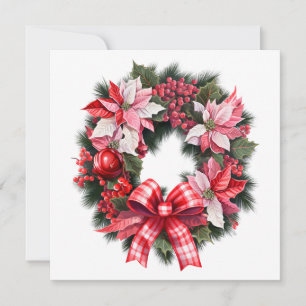 Julröd Poinsettia och Bär Krans Rosa Julkort