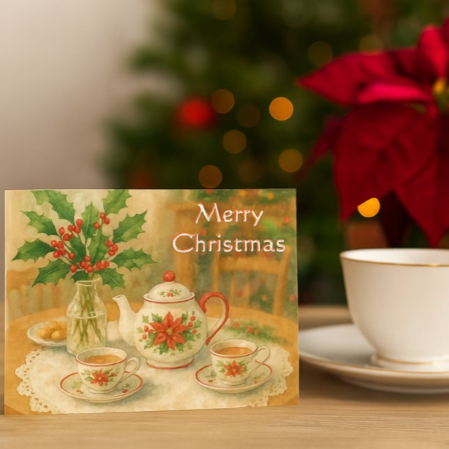 Julröd Poinsettia Tekanna  Vykort (“Country Christmas tea set postcard with poinsettia, cozy holiday table scene, warm festive charm”)