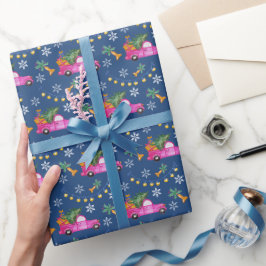 Julröd Rosa Lastbil Med Träd Och Önskningar Presentpapper