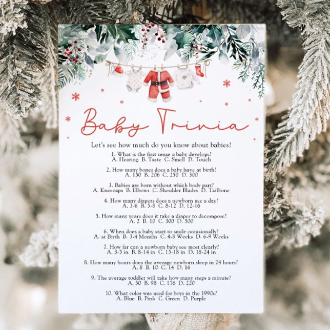 Julröd Santa Baby Shower Baby Trivia Spel Inbjudningar (Watercolor Christmas Red Santa Baby Shower Baby Trivia Game)