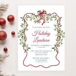 Julröd vågig ram grönska Holiday Luncheon Inbjudningar
