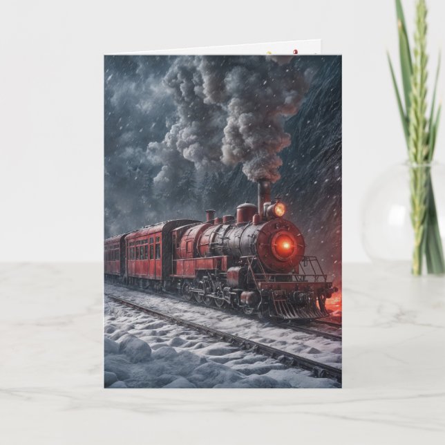 Julröd Vintage Snö Tåg Kort (Framsida)