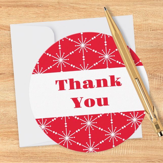 Julröd Vit Snöflingemönstrad Modern Tack Kort (A festive Thank You card, round in shape, in red and white with a snowflake pattern)