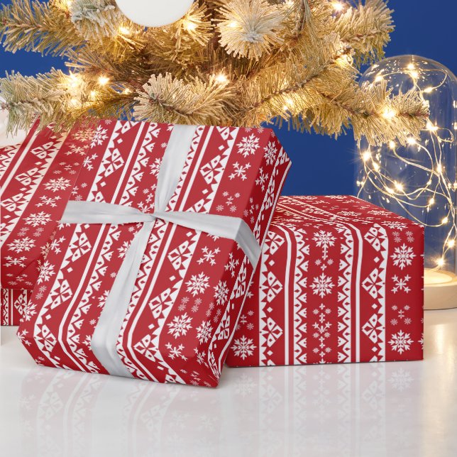 Julröd, vit snowflake i mönster presentpapper (Helgdagar)