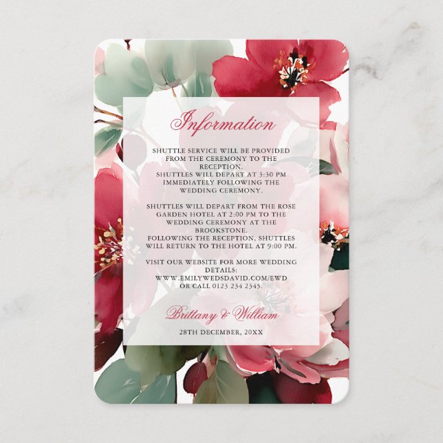 Julröda blommande bröllopsdetaljer tilläggskort (Framsida)