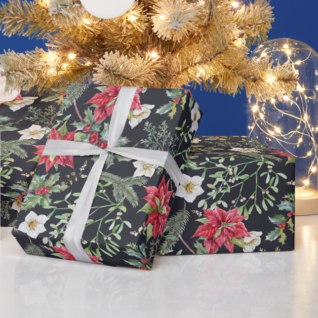 Julröda Poinsettia blommor och bär   Presentpapper (Helgdagar)