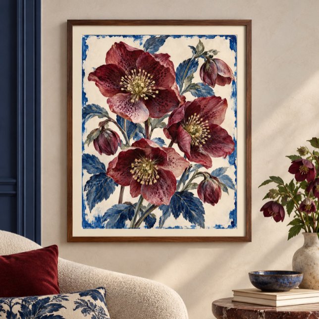 Julros Porslinsstudie Konsttryck Poster (Styled display of Hellebore Porcelain Study Art Print. Frame, mat and furnishings shown for illustration; select framing options separately.)