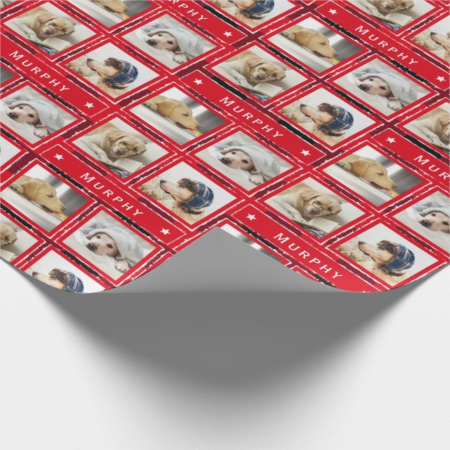 Julrött 4 Photo Hund Collage Pet Add Namn Presentpapper (Hörn)