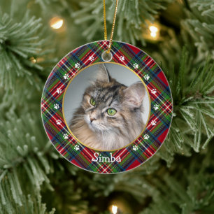 Julrött blått Grönt Plaid Cat Photo & Namn Julgransprydnad Keramik