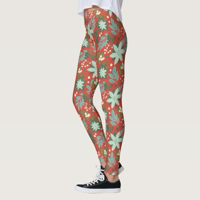 Julrött Blommigt Helgdag Leggings (Vänster)