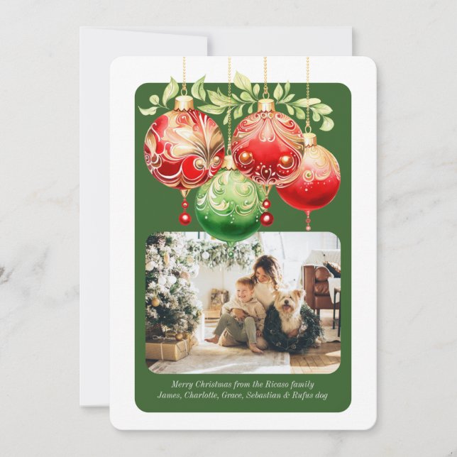 Julrött Grönt Baubles Photo Template Julkort (Framsida)
