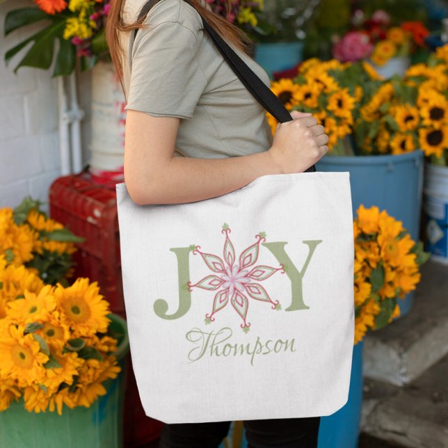 Julrött Grönt Festive Helgdag Joy Typography Tygkasse (Christmas snowflake Joy typography tote bag)