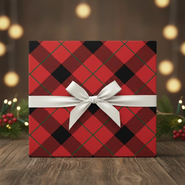 Julrött, Grönt och svart diagonalstift Presentpapper (Christmas Red, Green And Black Diagonal Plaid Wrapping Paper)