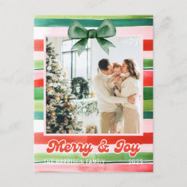 Julrött Grönt Rand Merry & Joy Photo Vykort