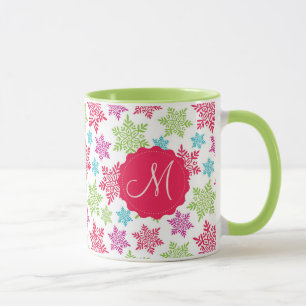 Julrött, Grönt, rosa, ljusblått snöflingor Mugg