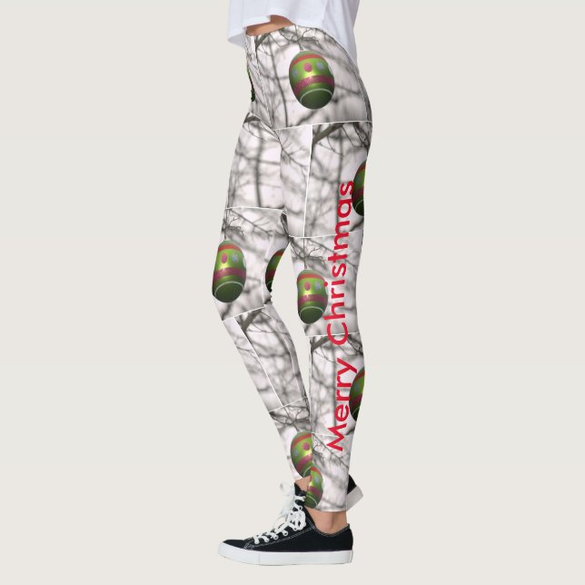 Julrött Grönt Silver Ornament Bollar Leggings (Vänster)