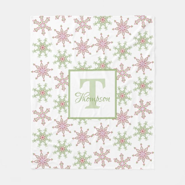 Julrött Grönt Snöflingor Mönster Fleecefilt (Framsidan)