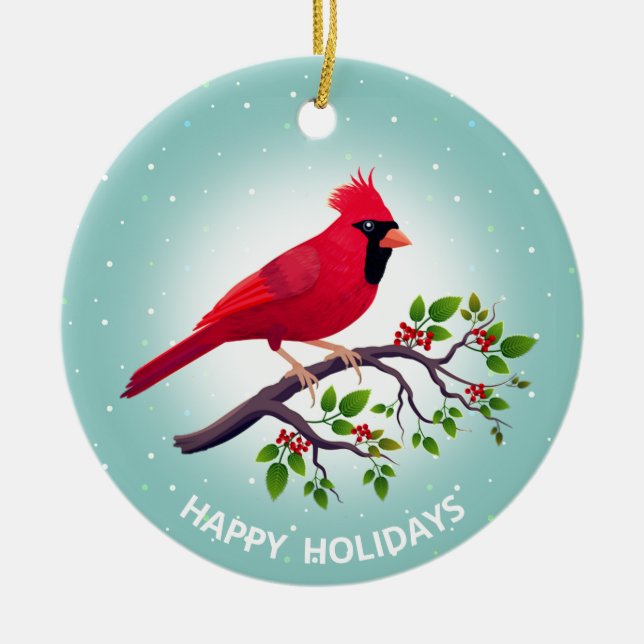 Julrött kardinalfåglar på Teal Julgransprydnad Keramik (Framsidan)