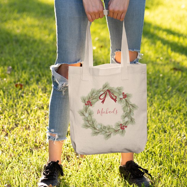 Julrött och Grönt Anpassningsbar för andning Tygkasse (Christmas holiday classic greenery wreath design tote bag)