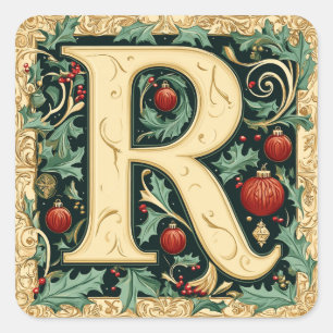 Julrött och Grönt Brev R: Festive Elegance Fyrkantigt Klistermärke