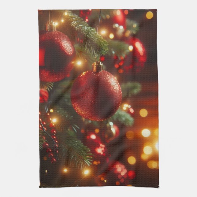 Julrött och Grönt Glitter Ornaments Kökshandduk (Vertikal)