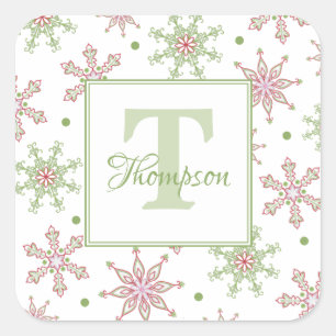 Julrött och Grönt Helgdag Snowflake Monogram Fyrkantigt Klistermärke