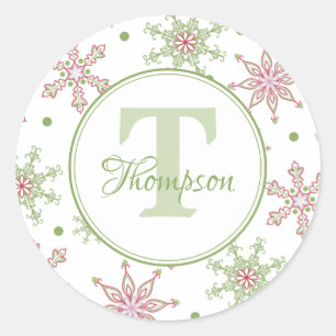 Julrött och Grönt Helgdag Snowflake Monogram Runt Klistermärke