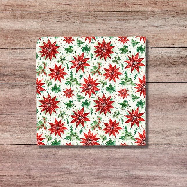 Julrött och Grönt Poinsettia-Blommigten Kakelplatta (Christmas Red and Green Poinsettia Floral Ceramic Tile)