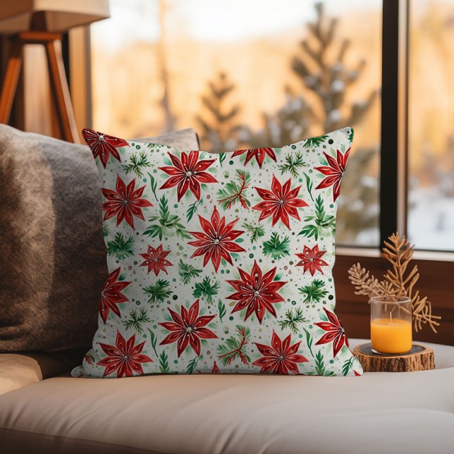 Julrött och Grönt Poinsettia-Blommigten Kudde (Christmas Red and Green Poinsettia Floral Throw Pillow)