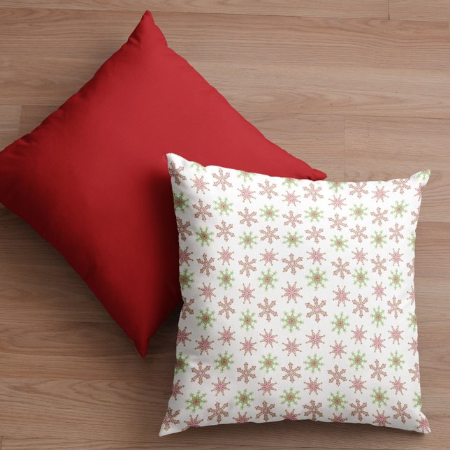 Julrött och Grönt Snowflake Kudde (Christmas winter colorful red and green snowflake pattern throw pillow)
