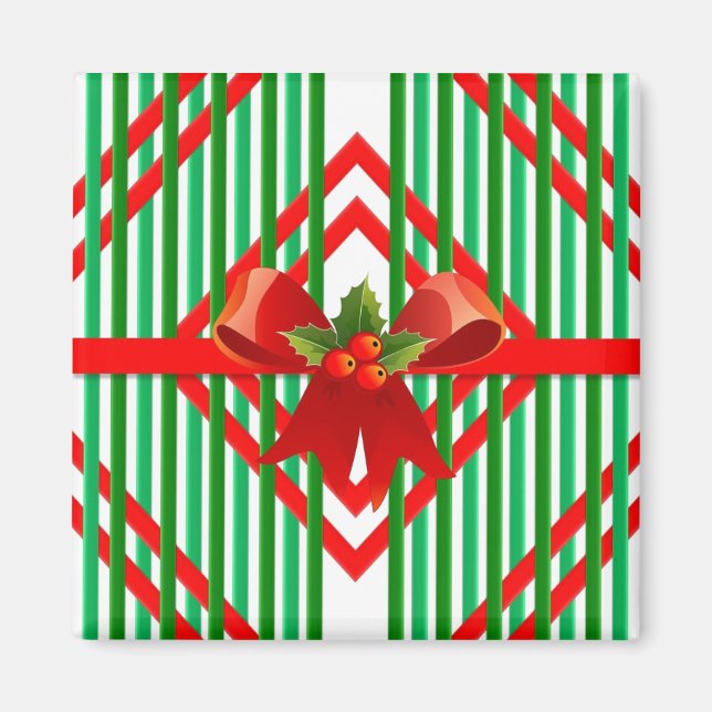 Julrött och Grönt - Stripe Bow Gift Magnet (Framsidan)