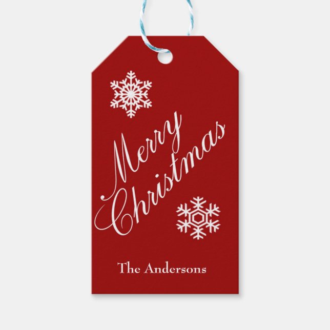 Julrött och vit Snöflingor Gift-Märkre Presentetikett (Framsidan)