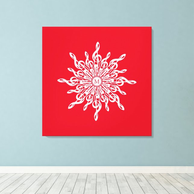 Julrött Ornamental Monogram G-Clef Snowflake Canvastryck (Insitu (trägolv))