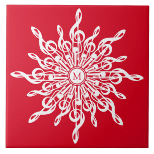 Julrött Ornamental Monogram G-Clef Snowflake Kakelplatta