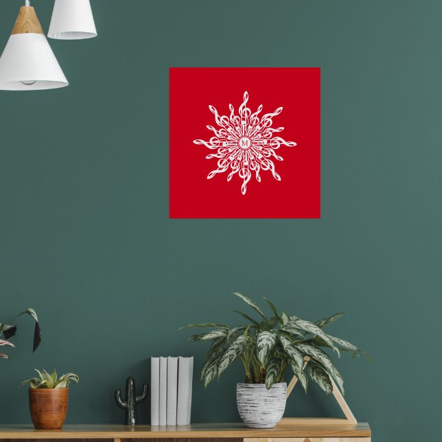 Julrött Ornamental Monogram G-Clef Snowflake Poster (Vardagsrum 1)
