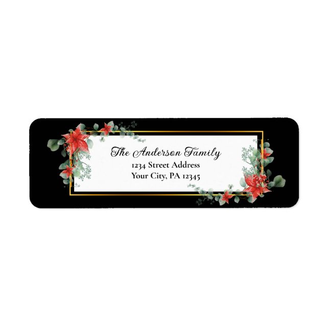 Julrött Poinsettia Blommigt Vattenfärg Returadress Etikett (Framsidan)