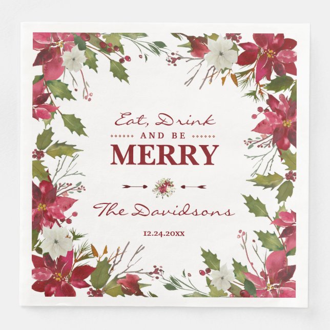 Julrött Poinsettia Drick och var Merry Pappersservett (Framsida)