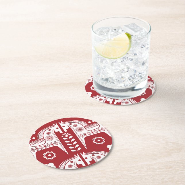 Julrött renar Skandinavian Nordic Forest Underlägg Papper Rund (Insitu)