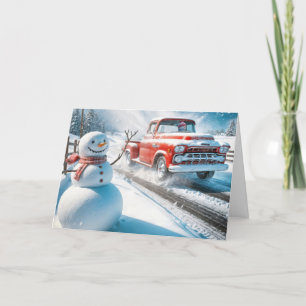 Julrött Retro Lastbil med Snögubbe Helgkort