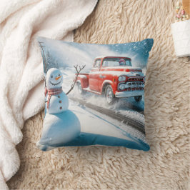 Julrött Retro Lastbil med Snögubbe Kudde