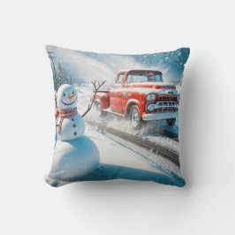 Julrött Retro Lastbil med Snögubbe Kudde